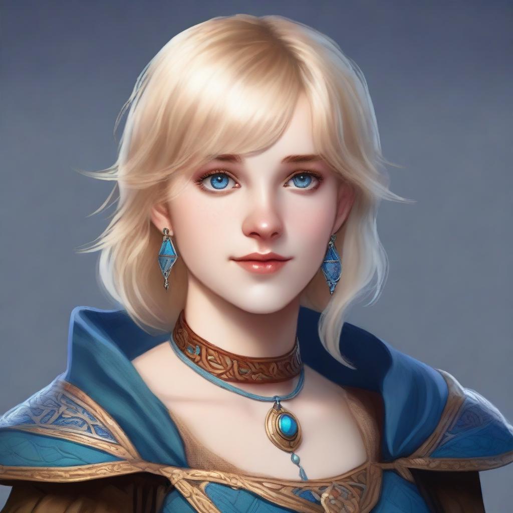 A realistic Dungeons & Dragons (D&D) style portrait of a 19-year-old human female bard with blonde bob loose style hair with bangs and blue eyes