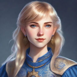 A realistic Dungeons & Dragons (D&D) style portrait of a 19-year-old human female bard with blonde bob loose style hair with bangs and blue eyes