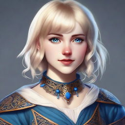 A realistic D&D style portrait of a 19-year-old human female bard with a blonde bob haircut in a loose style with bangs