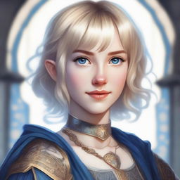 A realistic D&D style portrait of a 19-year-old human female bard with a blonde bob haircut in a loose style with bangs