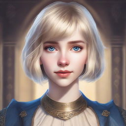 A realistic D&D style portrait of a 19-year-old human female bard with a blonde bob haircut in a loose style with bangs