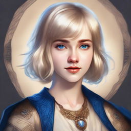 A realistic D&D style portrait of a 19-year-old human female bard with a blonde bob haircut in a loose style with bangs