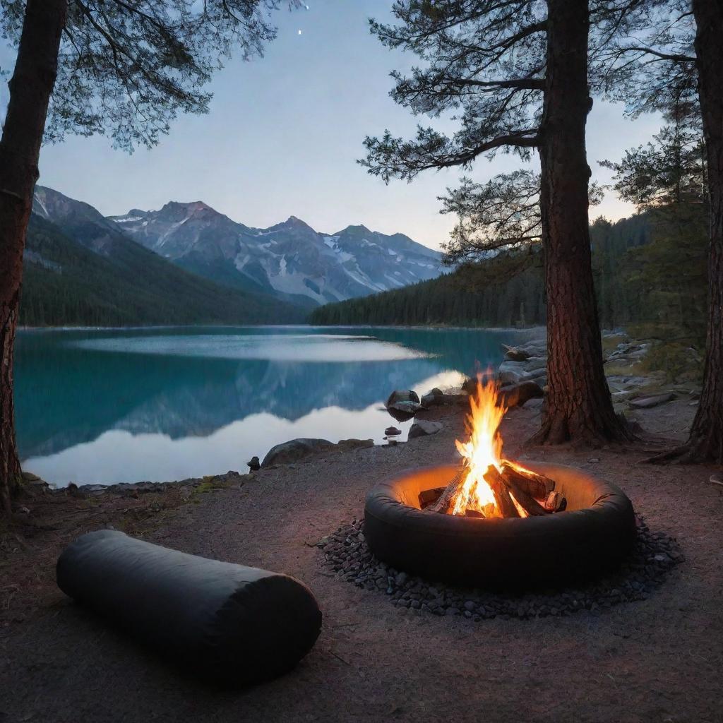 Position a glowing campfire next to the grey and black foam sleeping pad, deepening the allure of the camping scene and accentuating the coziness.