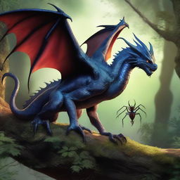 A majestic dragon and a large spider together in a scene