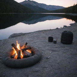 Position a glowing campfire next to the grey and black foam sleeping pad, deepening the allure of the camping scene and accentuating the coziness.