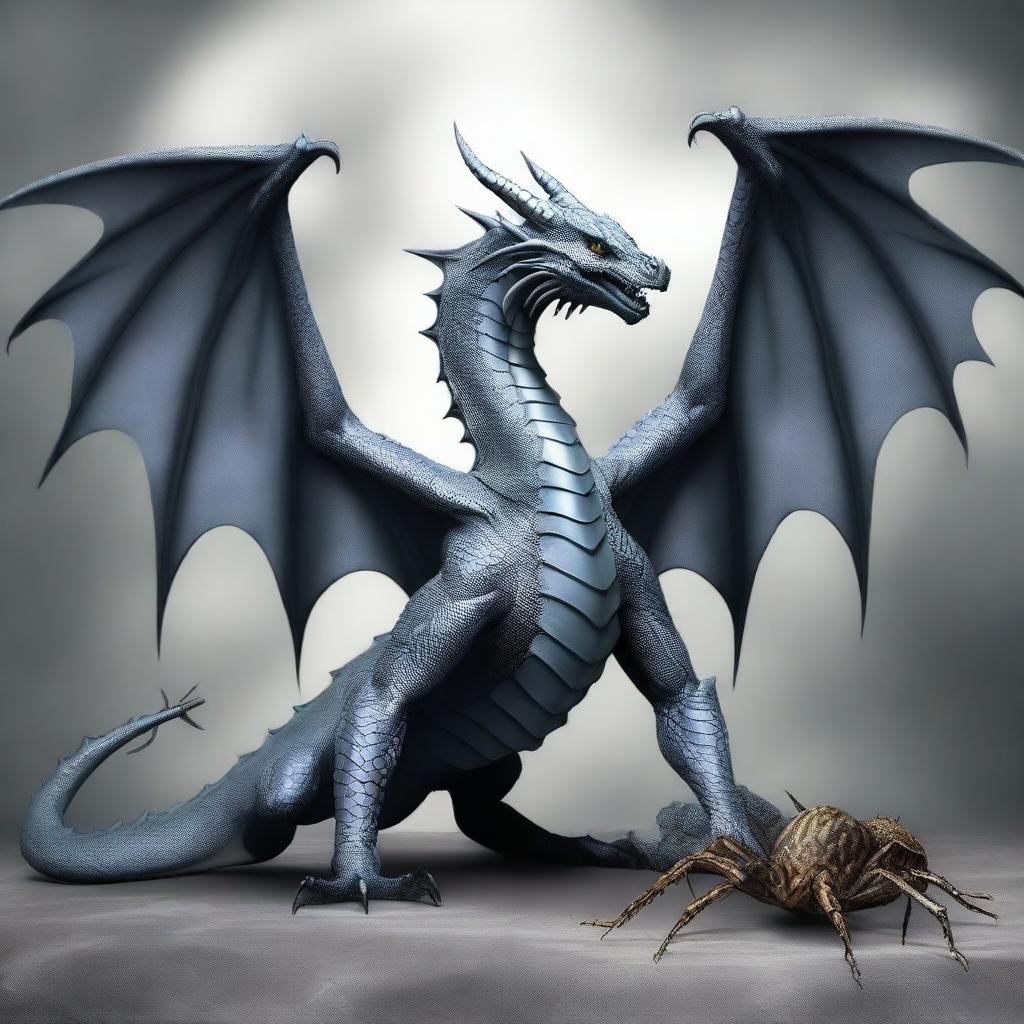 A majestic dragon and a large spider together in a scene with a greyish background