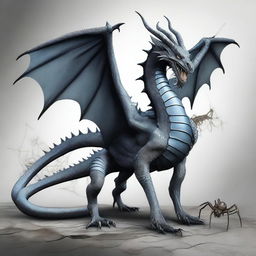 A majestic dragon and a large spider together in a scene with a greyish background