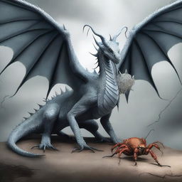 A majestic dragon and a large spider together in a scene with a greyish background