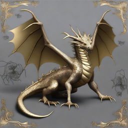 A fancy gold 2D dragon and a large spider together in a scene with a greyish background