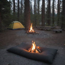 Position a glowing campfire next to the grey and black foam sleeping pad, deepening the allure of the camping scene and accentuating the coziness.