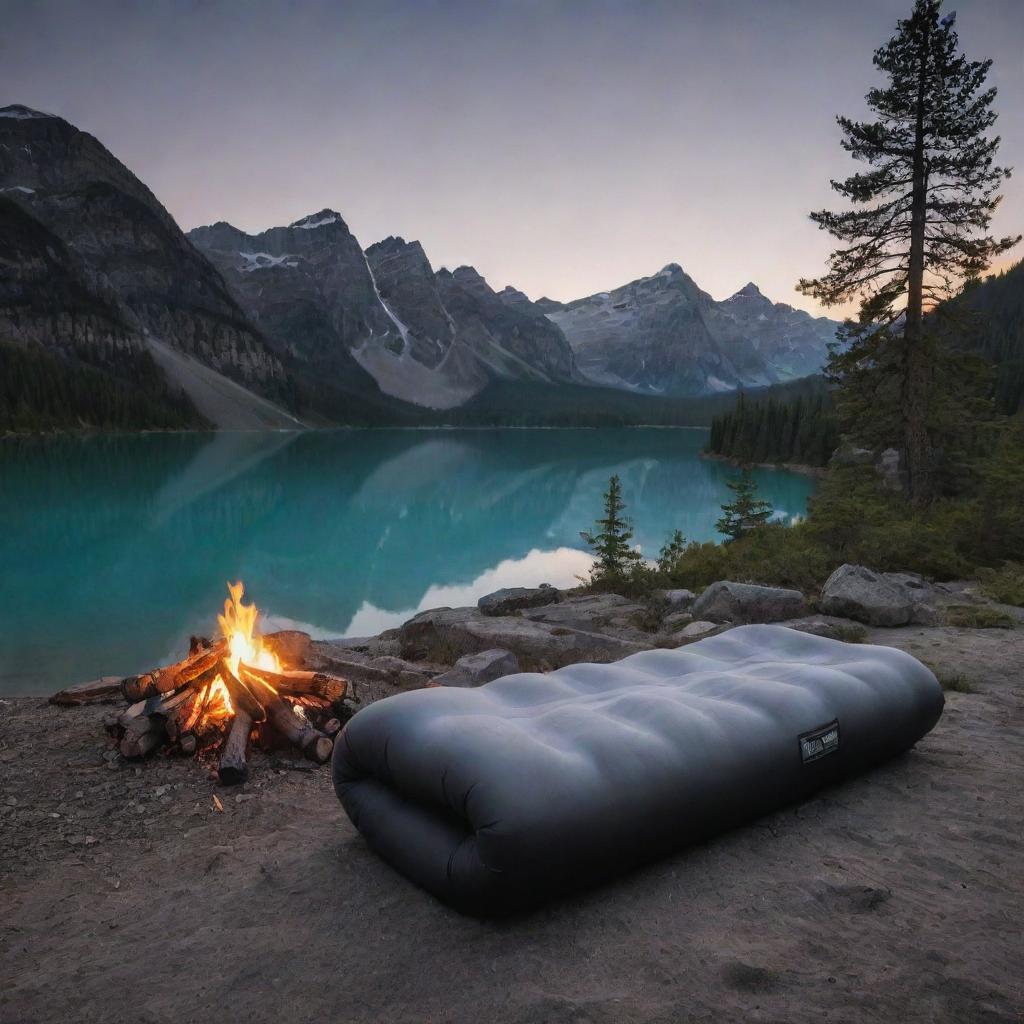 Focus on the grey and black foam sleeping pad as the main product, with the serene camping scene and glowing campfire as a captivating backdrop.