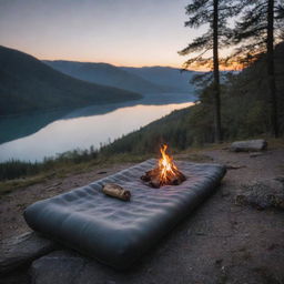 Focus on the grey and black foam sleeping pad as the main product, with the serene camping scene and glowing campfire as a captivating backdrop.