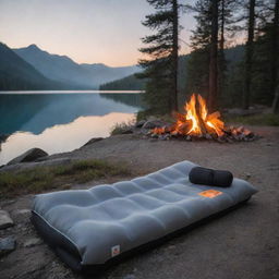 Focus on the grey and black foam sleeping pad as the main product, with the serene camping scene and glowing campfire as a captivating backdrop.