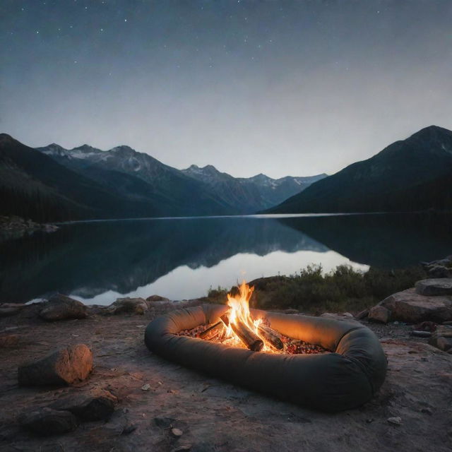 Focus on the grey and black foam sleeping pad as the main product, with the serene camping scene and glowing campfire as a captivating backdrop.