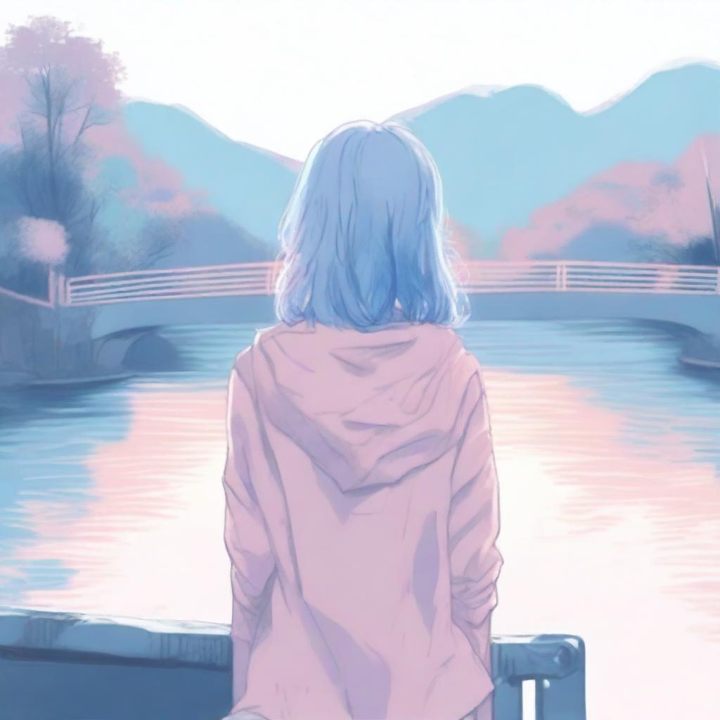 A blue-haired girl with her back turned to the river, looking at the water from a bridge