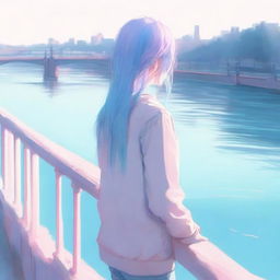 A blue-haired girl with her back turned to the river, looking at the water from a bridge