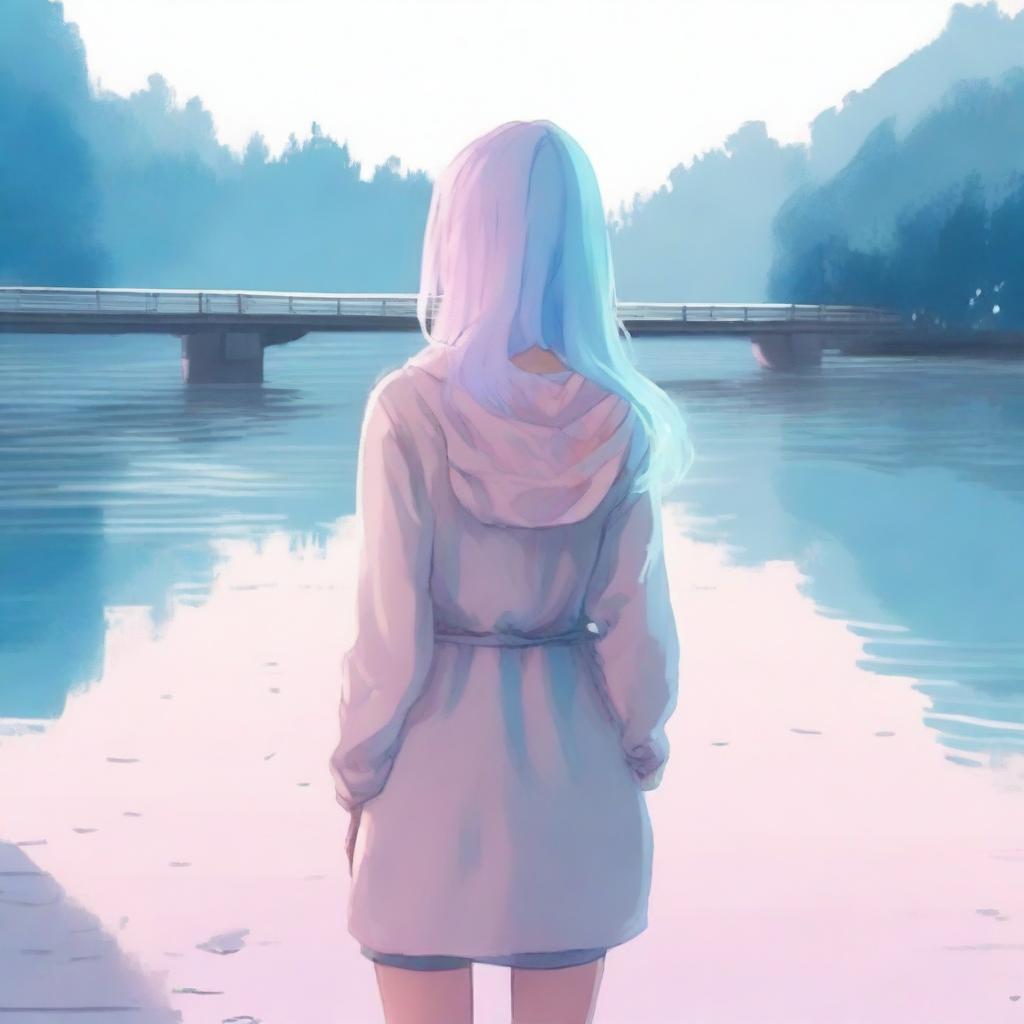 A blue-haired girl with her back turned to the river, looking at the water from a bridge