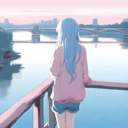 A blue-haired girl with her back turned to the river, looking at the water from a bridge