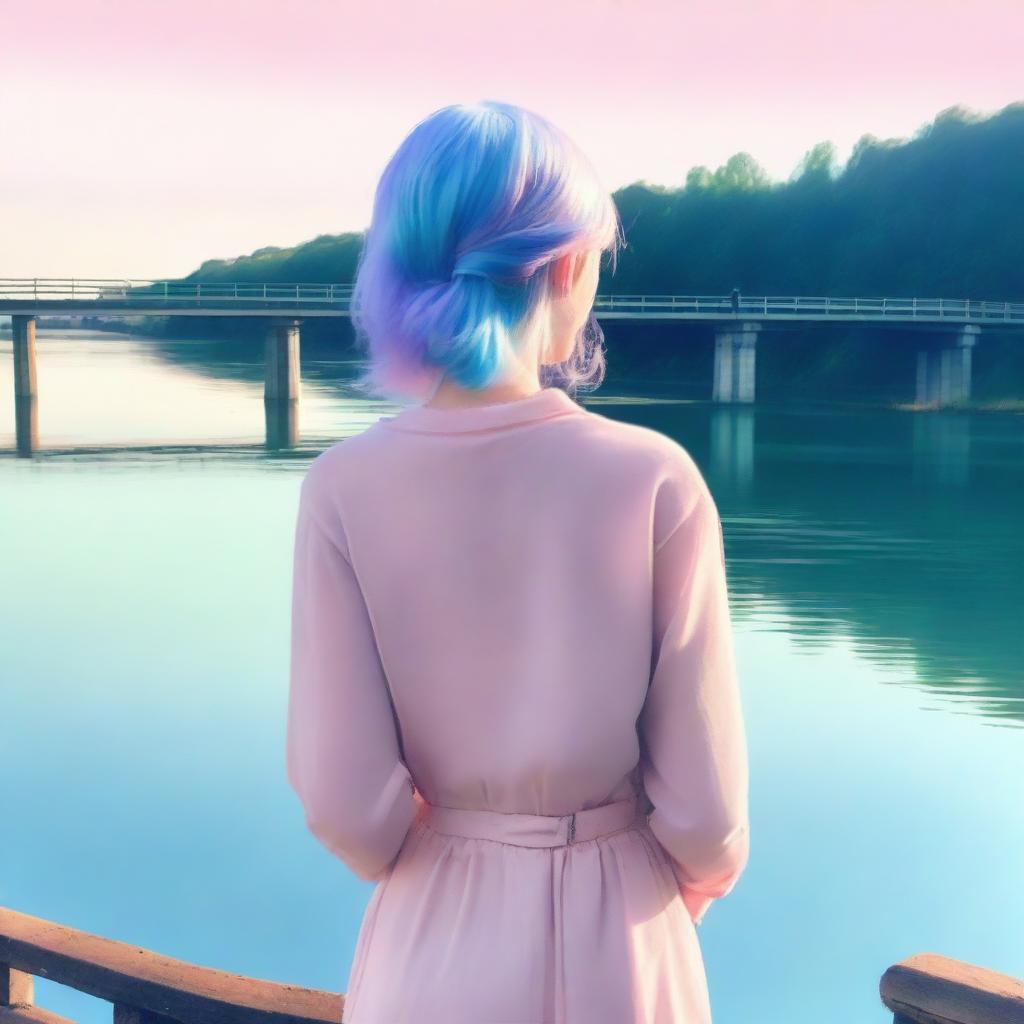 A blue-haired girl with her back turned to the river, looking at the water from a bridge