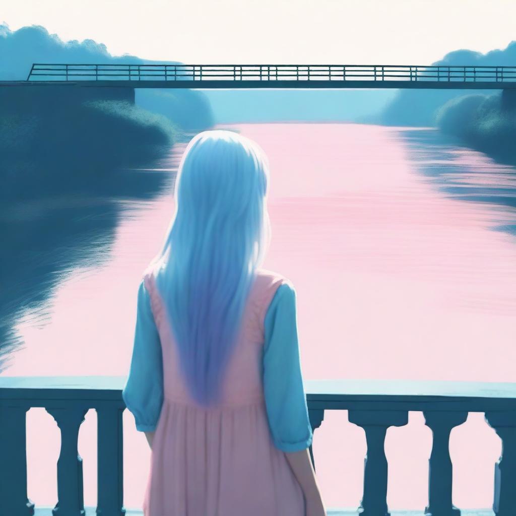 A blue-haired girl with her back turned to the river, looking at the water from a bridge