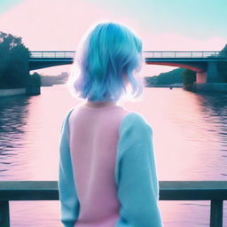 A blue-haired girl with her back turned to the river, looking at the water from a bridge