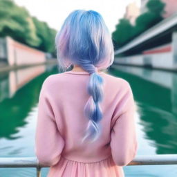 A blue-haired girl with her back turned to the river, looking at the water from a bridge