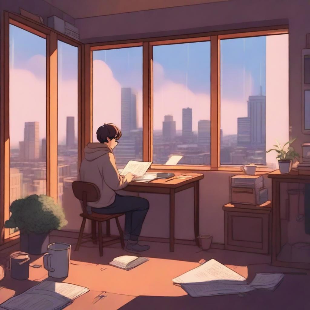 A calm and cozy lofi scene featuring a character studying at a desk with a window showing a rainy cityscape outside