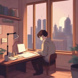 A calm and cozy lofi scene featuring a character studying at a desk with a window showing a rainy cityscape outside