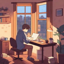 A calm and cozy lofi scene featuring a character studying at a desk with a window showing a rainy cityscape outside