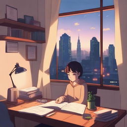 A calm and cozy lofi scene featuring a character studying at a desk with a window showing a rainy cityscape outside