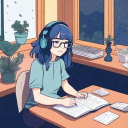 A lofi girl with blue hair, sitting at a desk with headphones on, studying or writing in a notebook