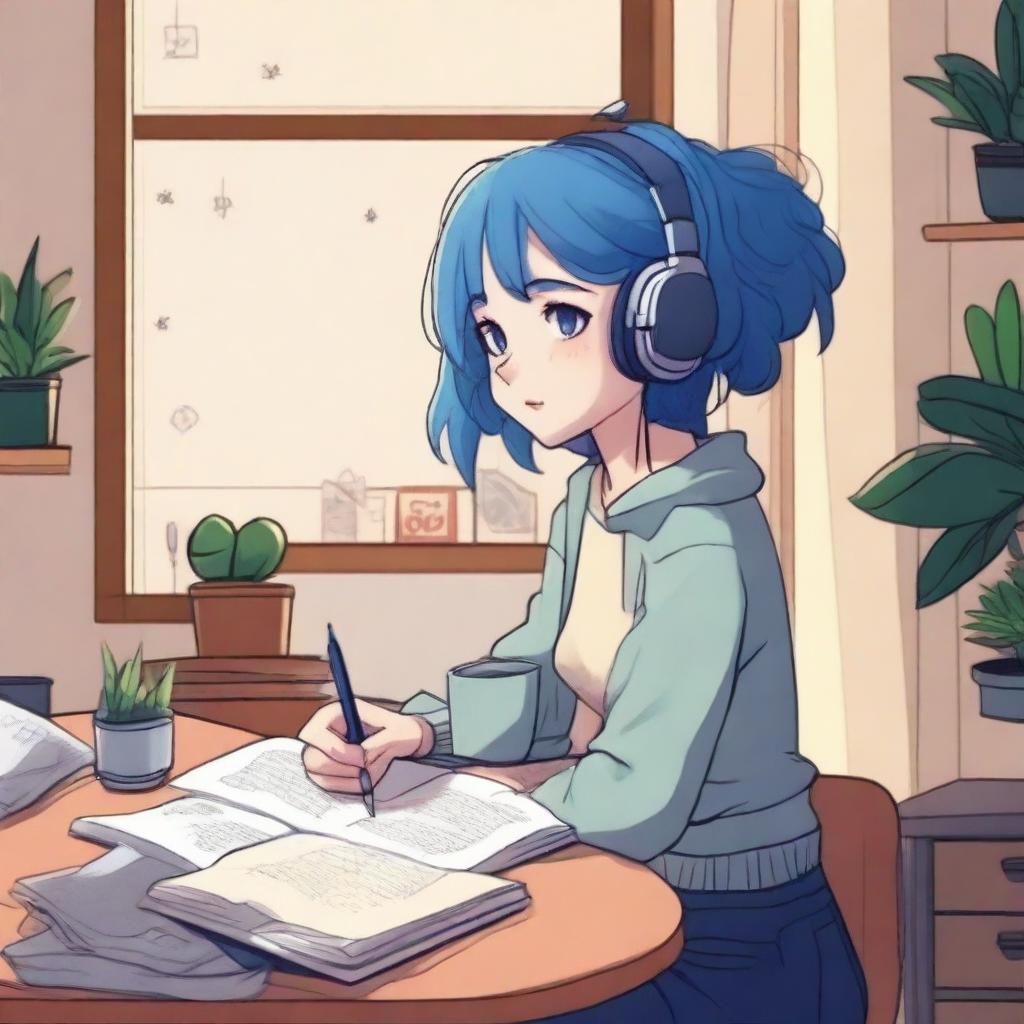 A lofi girl with blue hair, sitting at a desk with headphones on, studying or writing in a notebook