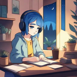 A lofi girl with blue hair, sitting at a desk with headphones on, studying or writing in a notebook