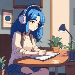 A lofi girl with blue hair, sitting at a desk with headphones on, studying or writing in a notebook