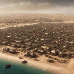 A steampunk rendition of Mauritania, presenting Nouakchott city meshed with bronze and iron structures, the vast Sahara dotted with steam-empowered nomadic camps, and coastlines infested with mechanical marine life.