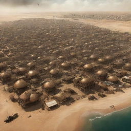 A steampunk rendition of Mauritania, presenting Nouakchott city meshed with bronze and iron structures, the vast Sahara dotted with steam-empowered nomadic camps, and coastlines infested with mechanical marine life.