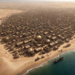 A steampunk rendition of Mauritania, presenting Nouakchott city meshed with bronze and iron structures, the vast Sahara dotted with steam-empowered nomadic camps, and coastlines infested with mechanical marine life.