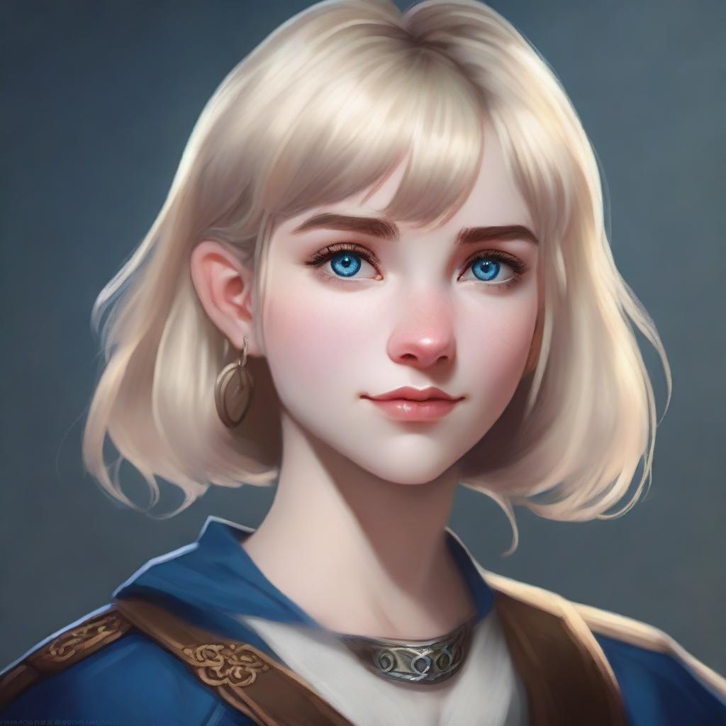 A realistic Dungeons & Dragons style portrait of a 19-year-old human female with a blonde bob in a loose style with bangs and big blue eyes