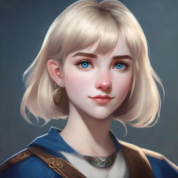 A realistic Dungeons & Dragons style portrait of a 19-year-old human female with a blonde bob in a loose style with bangs and big blue eyes