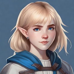 A realistic Dungeons & Dragons style portrait of a 19-year-old human female with a blonde bob in a loose style with bangs and big blue eyes