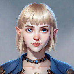 A realistic Dungeons & Dragons style portrait of a 19-year-old human female with a blonde bob in a loose style with bangs and big blue eyes