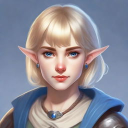 A realistic Dungeons & Dragons style portrait of a 19-year-old human female with a blonde bob in a loose style with bangs and big blue eyes