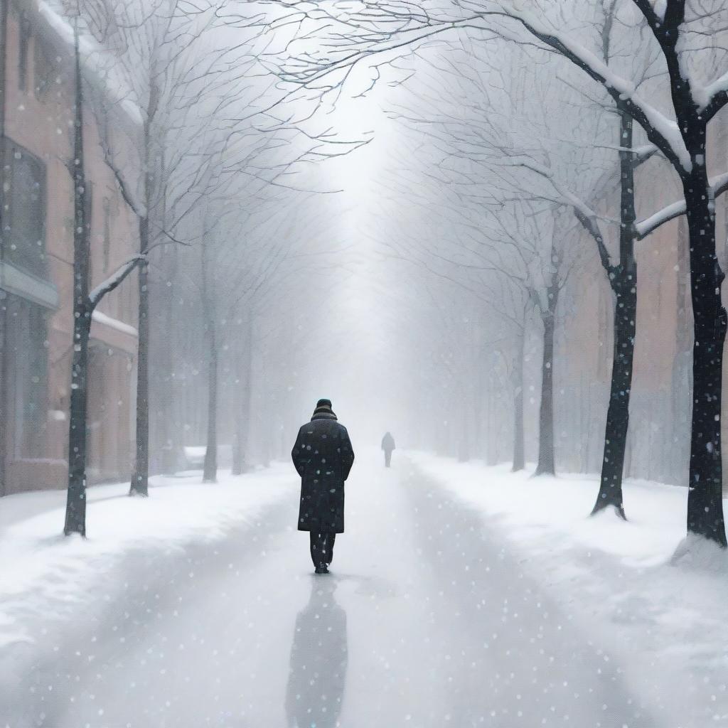 A solitary figure walking alone on a snow-covered street with snowflakes gently falling from the sky