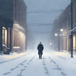 A solitary figure walking alone on a snow-covered street with snowflakes gently falling from the sky