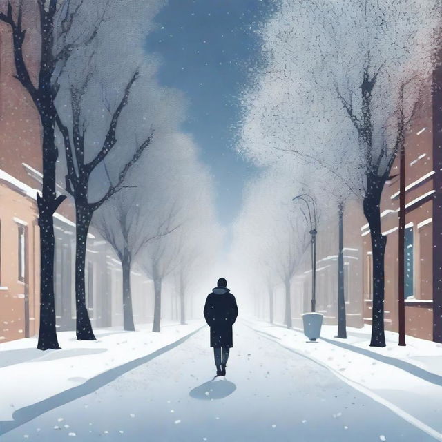 A solitary figure walking alone on a snow-covered street with snowflakes gently falling from the sky