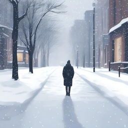 A solitary figure walking alone on a snow-covered street with snowflakes gently falling from the sky