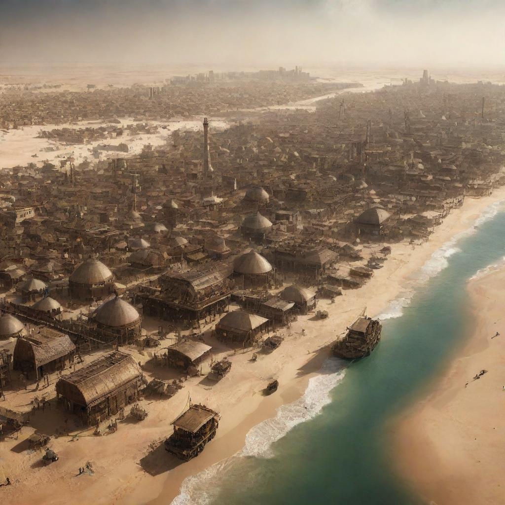 A steampunk rendition of Mauritania, presenting Nouakchott city meshed with bronze and iron structures, the vast Sahara dotted with steam-empowered nomadic camps, and coastlines infested with mechanical marine life.