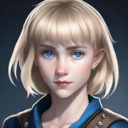 A realistic portrait of a 19-year-old human female with a blonde bob hairstyle, loose with bangs, and striking blue eyes