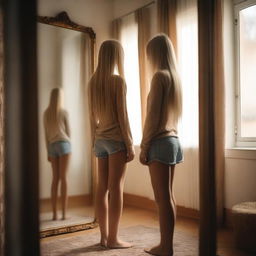 A tall girl with long blonde hair standing in front of a mirror