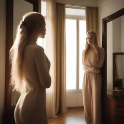 A tall girl with long blonde hair standing in front of a mirror